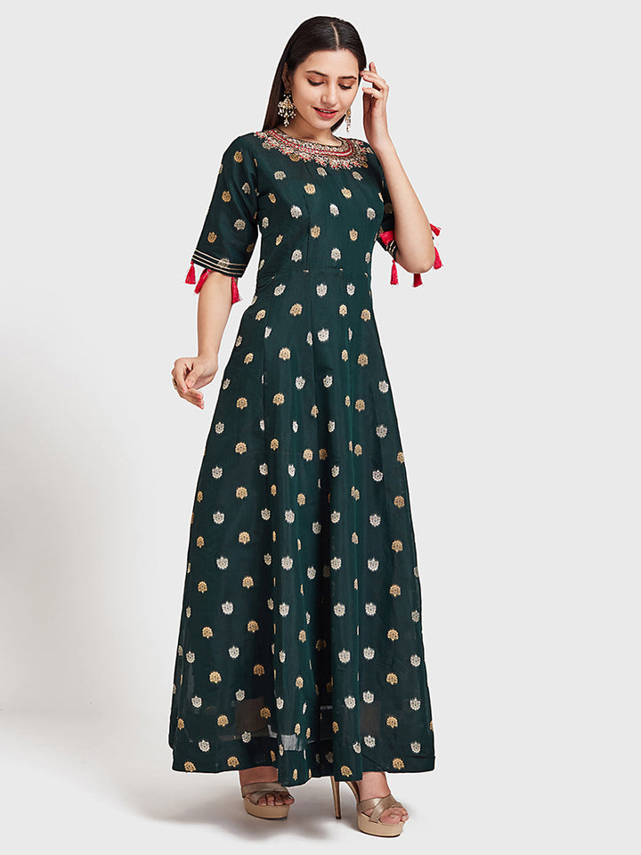 Neerus Green georgette woven Anarkali kurta - front view