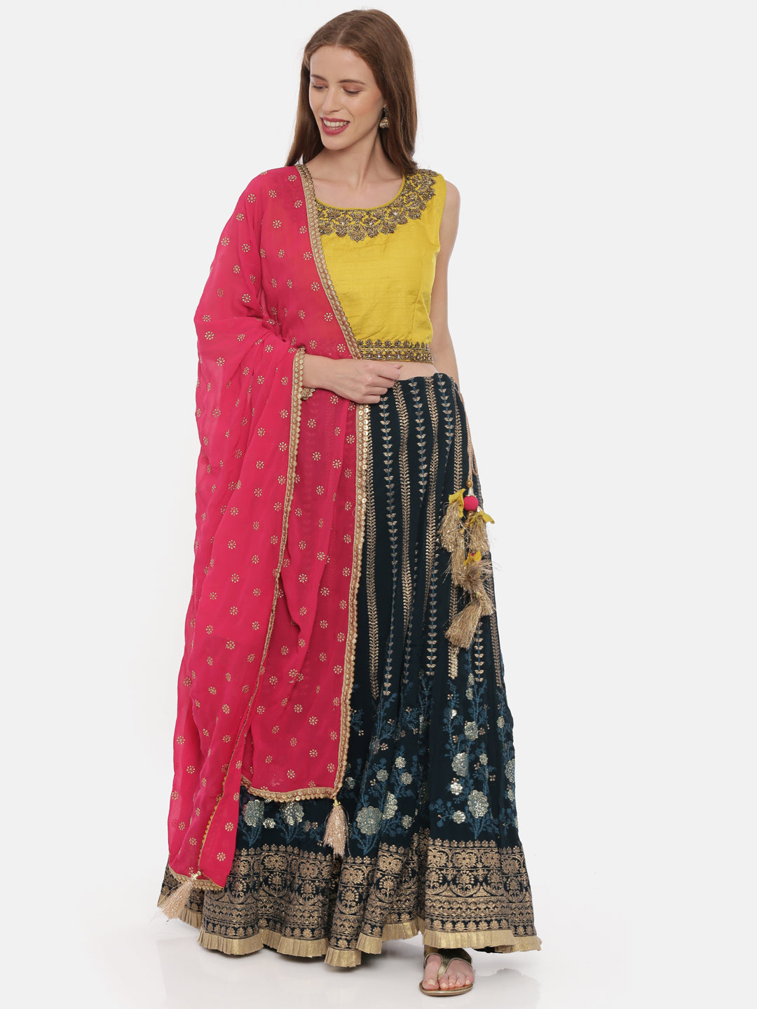 Neerus Yellow Georgette Printed Lehenga Ghagra Set - front view