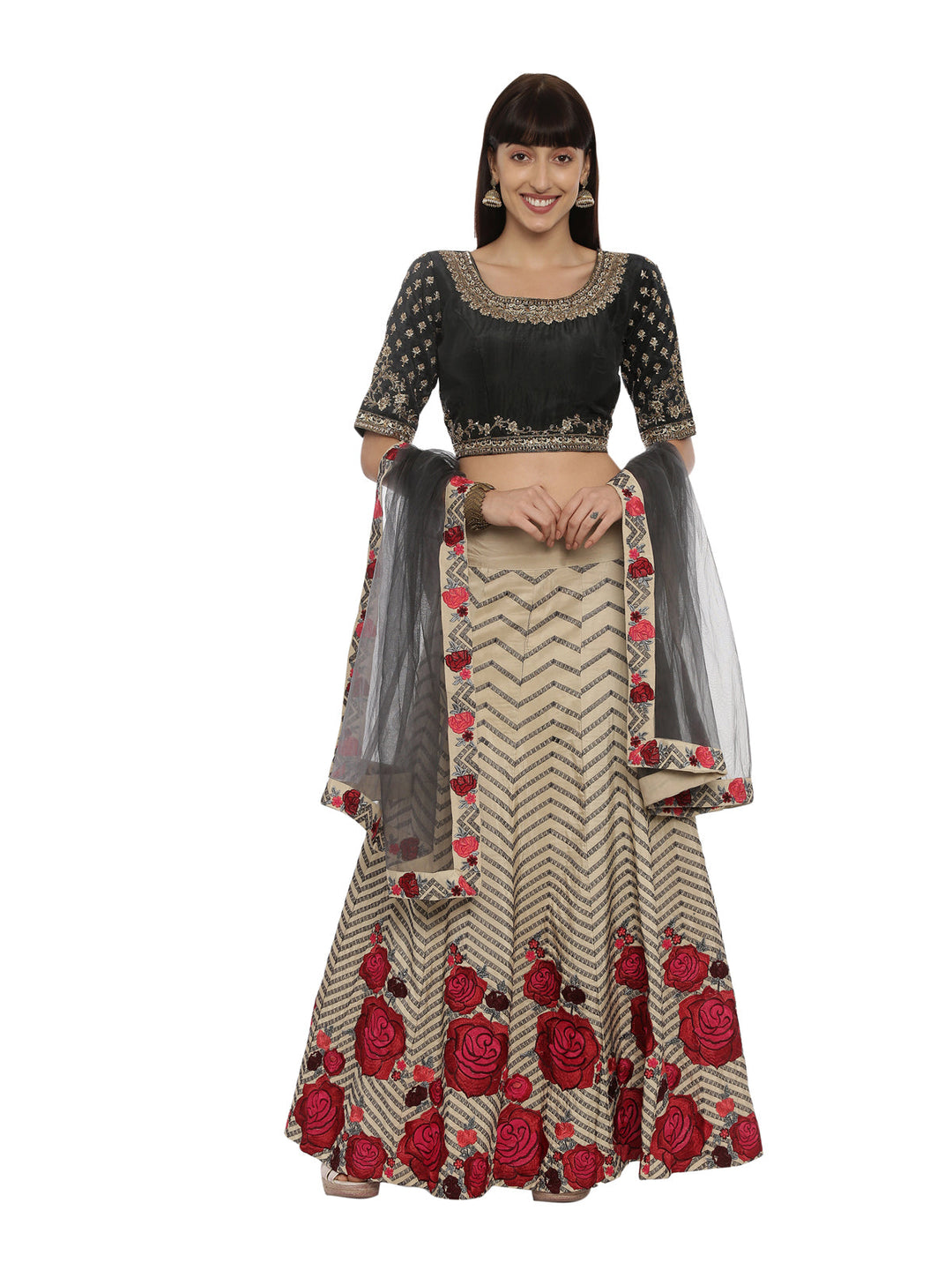 Neerus Black silk zari embellished lehenga set - front view