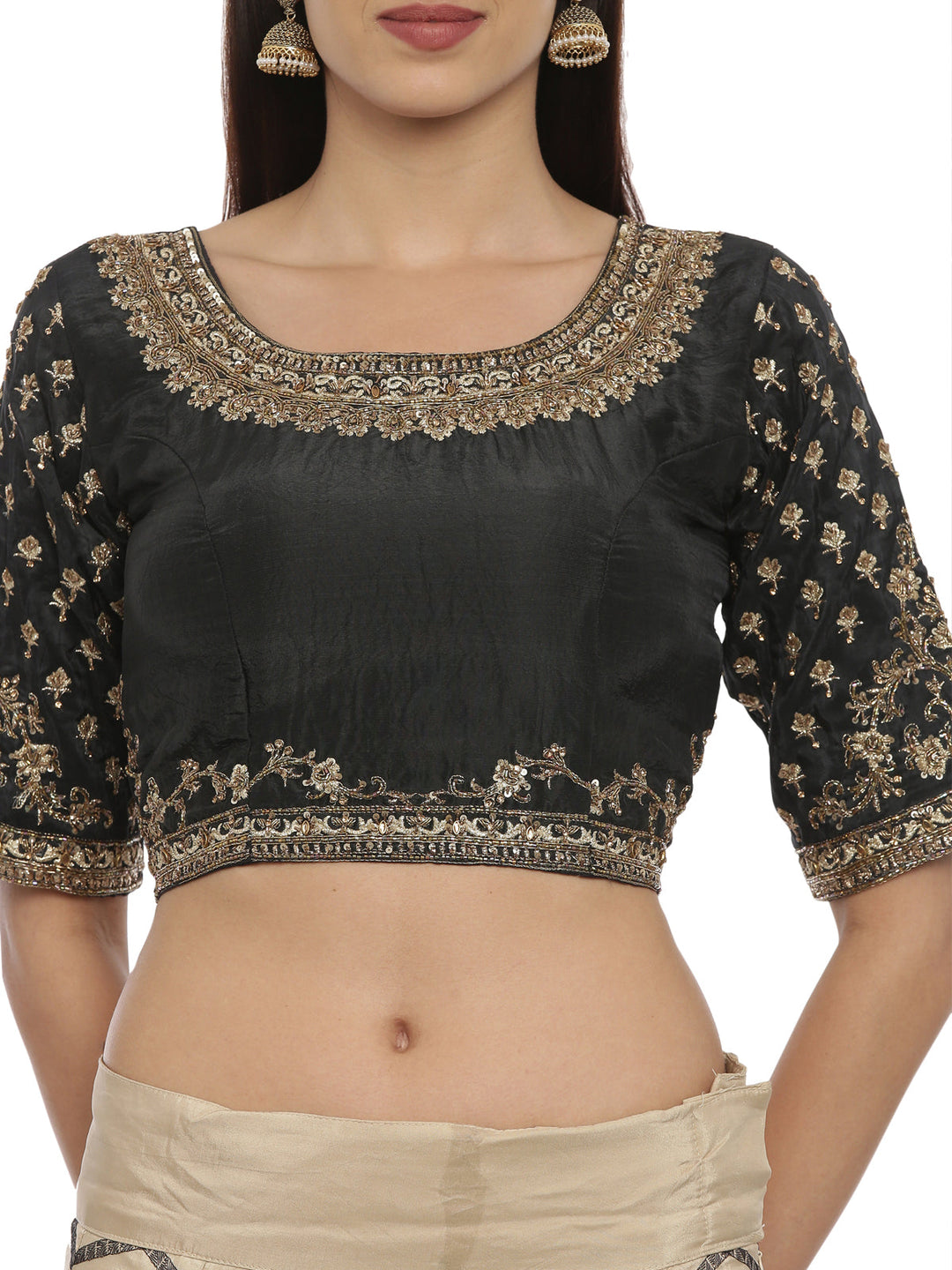 Neerus Black silk zari embellished lehenga set - side view