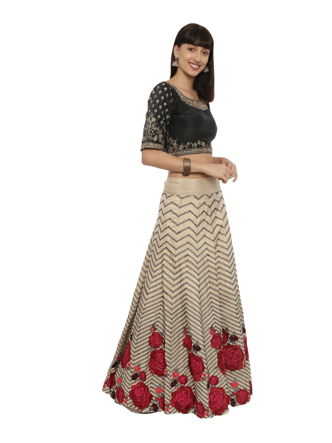 Neerus Black silk zari embellished lehenga set - detail view 1