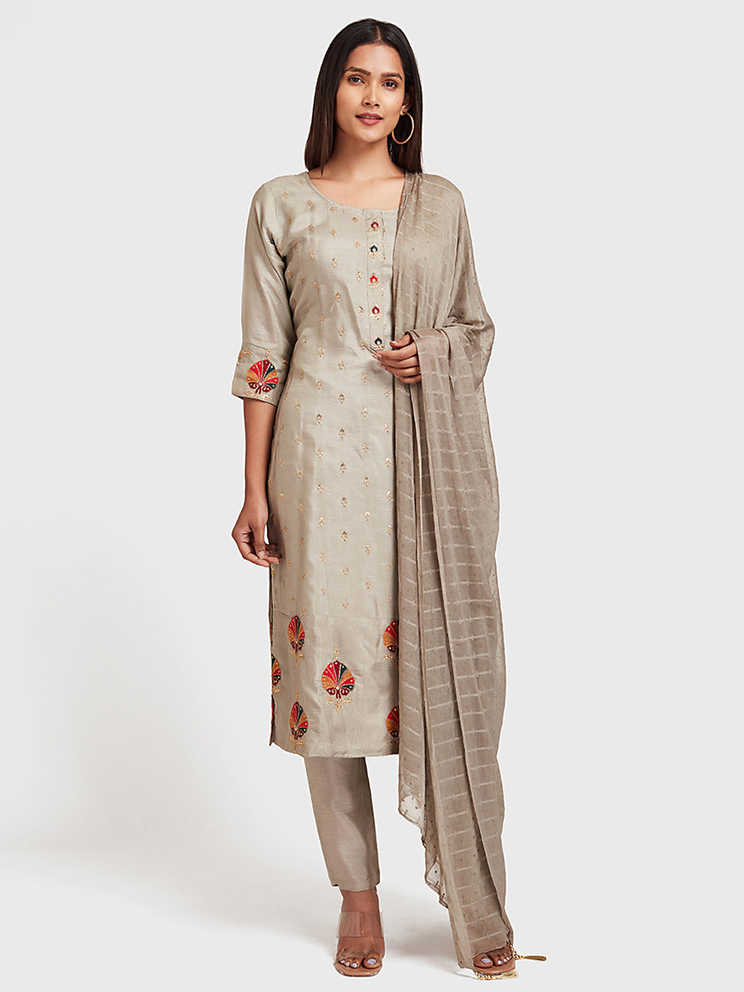 Neerus Grey silk straight suit pant set - front view
