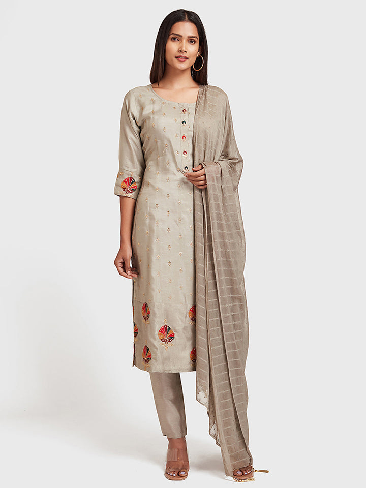 Neerus Grey silk straight suit pant set - front view