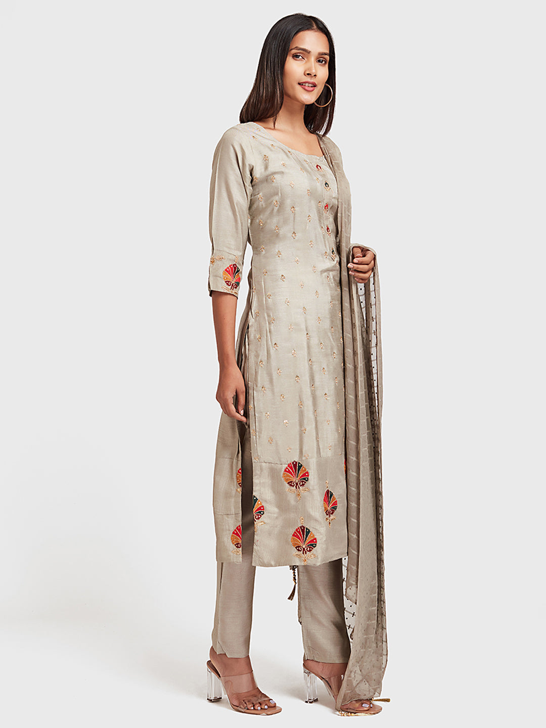 Neerus Grey silk straight suit pant set - back view