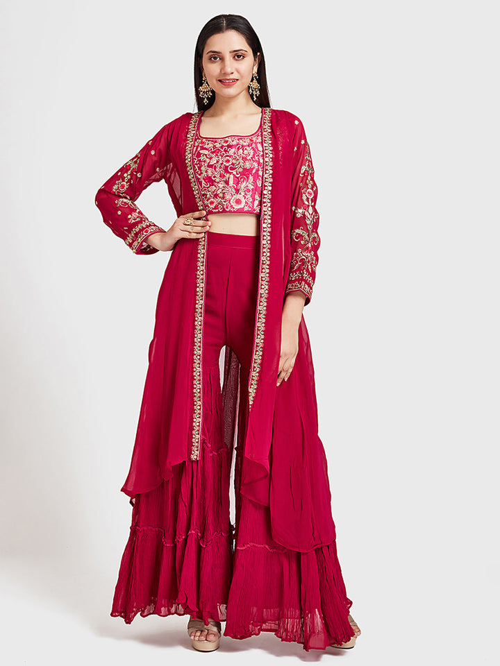 Neerus Pink embroidered sharara set with shrug - detail view 4