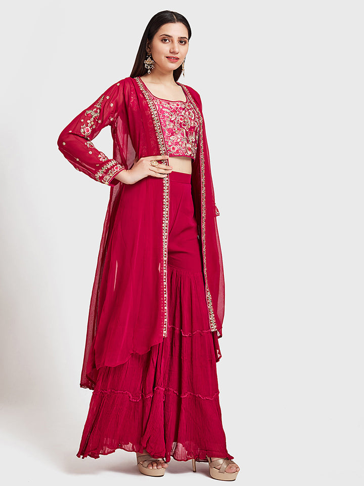 Neerus Pink embroidered sharara set with shrug - front view