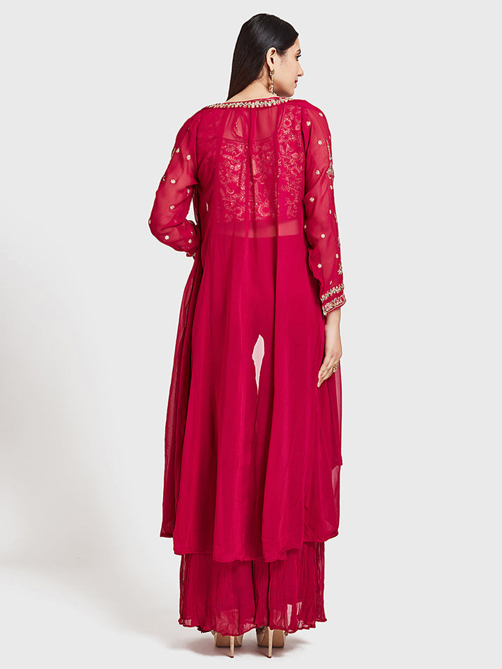 Neerus Pink embroidered sharara set with shrug - back view