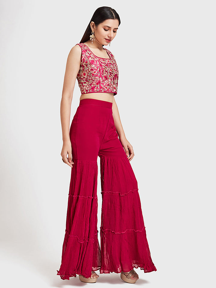 Neerus Pink embroidered sharara set with shrug - detail view 1