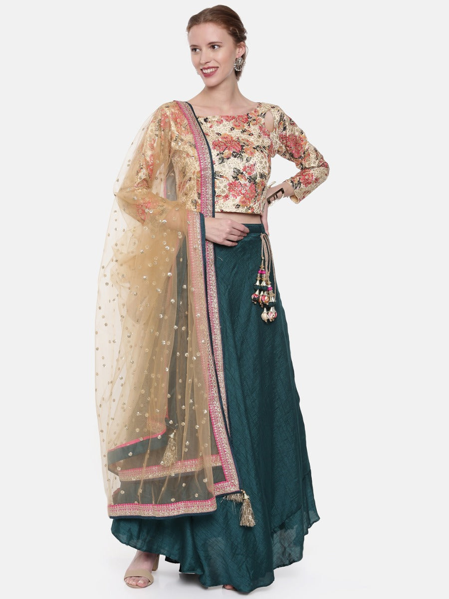 Neerus Beige Chanderi Embellished Lehenga Set - front view