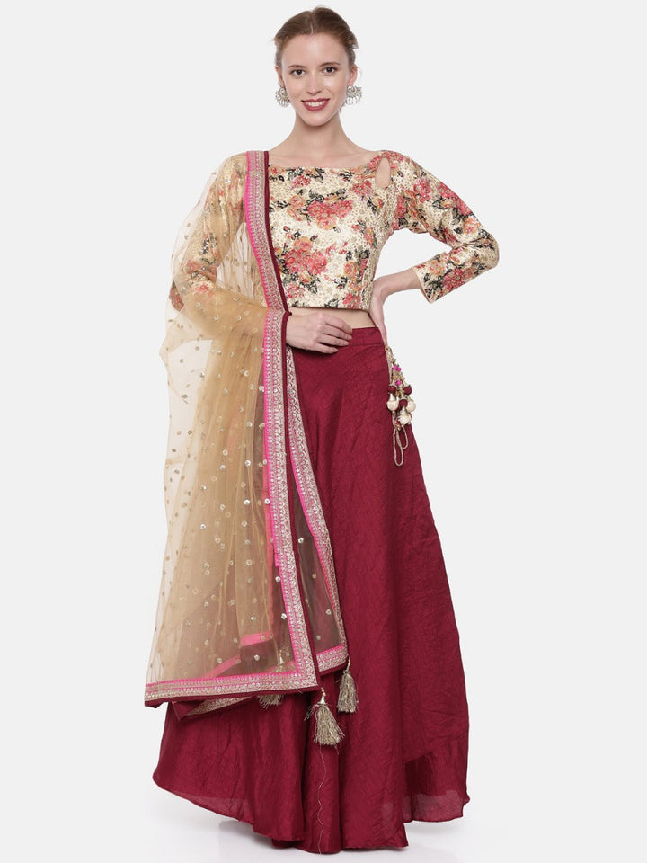 Neerus Beige Chanderi Embellished Lehenga Set - front view