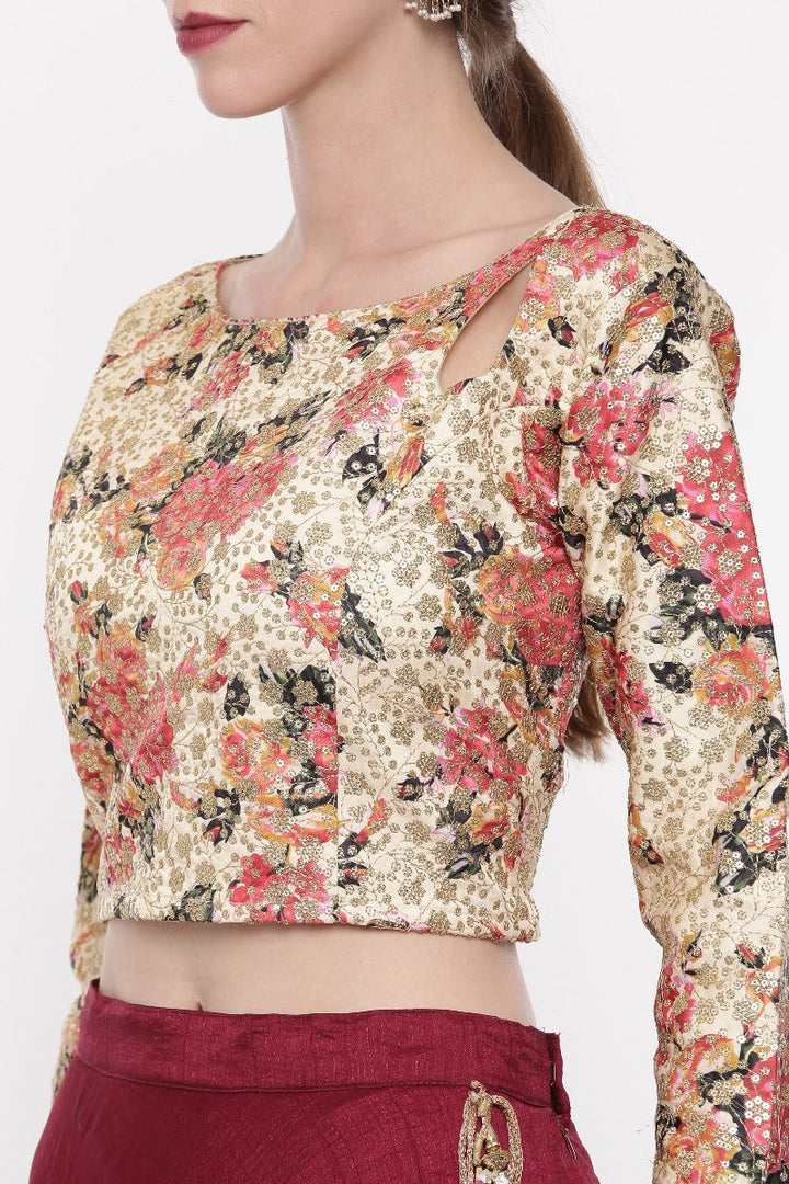 Neerus Beige Chanderi Embellished Lehenga Set - side view