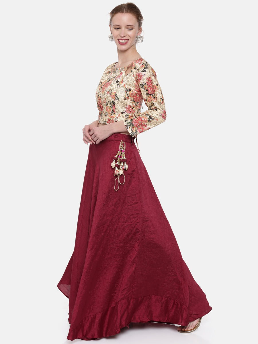 Neerus Beige Chanderi Embellished Lehenga Set - detail view 1