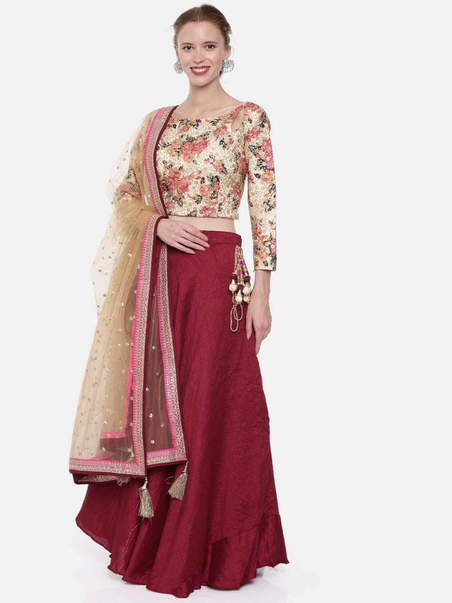 Neerus Beige Chanderi Embellished Lehenga Set - detail view 4