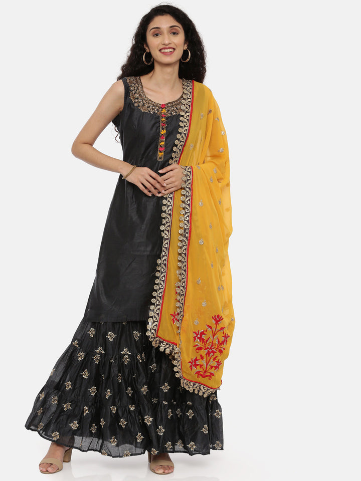 Neerus Black Embellished Zari Sharara Set - front view