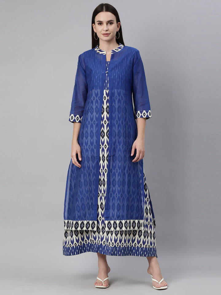 Neerus Blue Chanderi Ikat Printed Kurti - front view