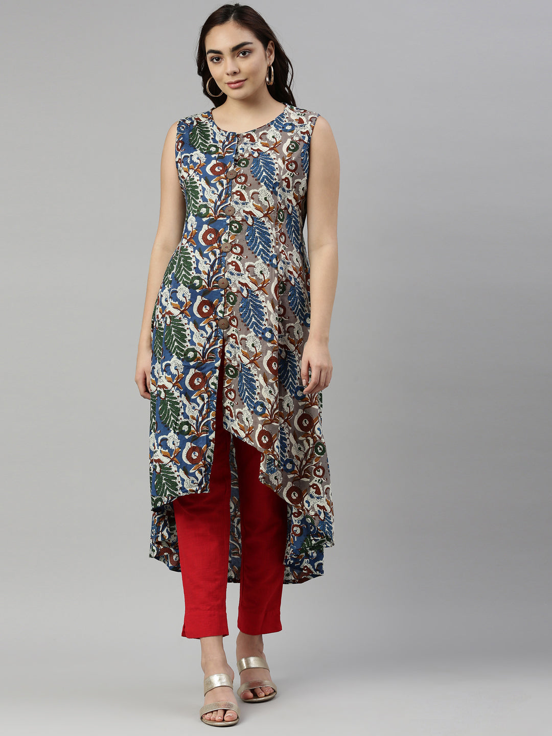 Neerus Blue cotton solid kurti - front view