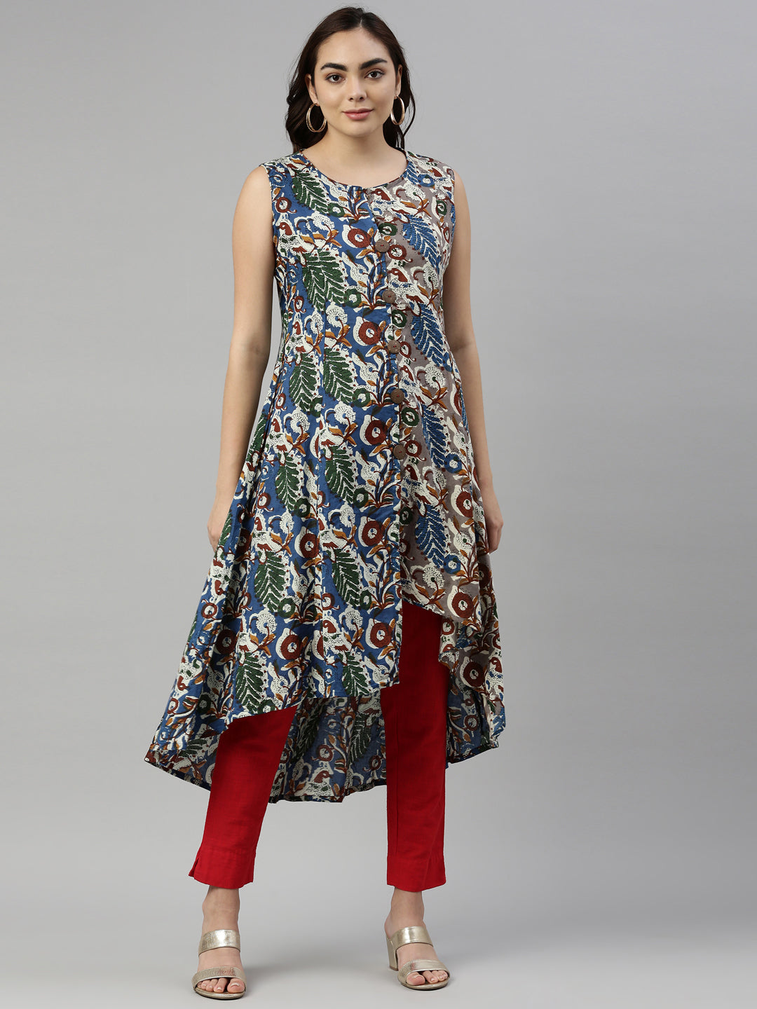 Neerus Blue cotton solid kurti - detail view 2