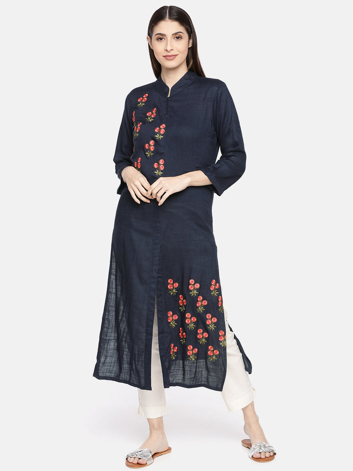 Neerus Blue Rayon Embroidered A-Line Kurti - front view