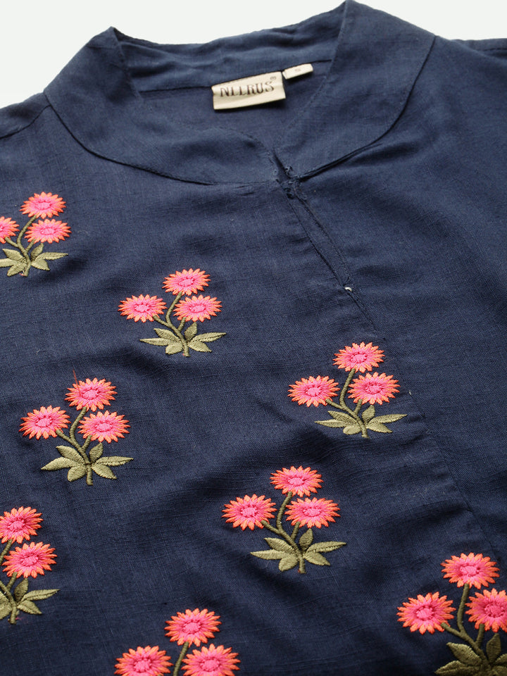Neerus Blue Rayon Embroidered A-Line Kurti - back view