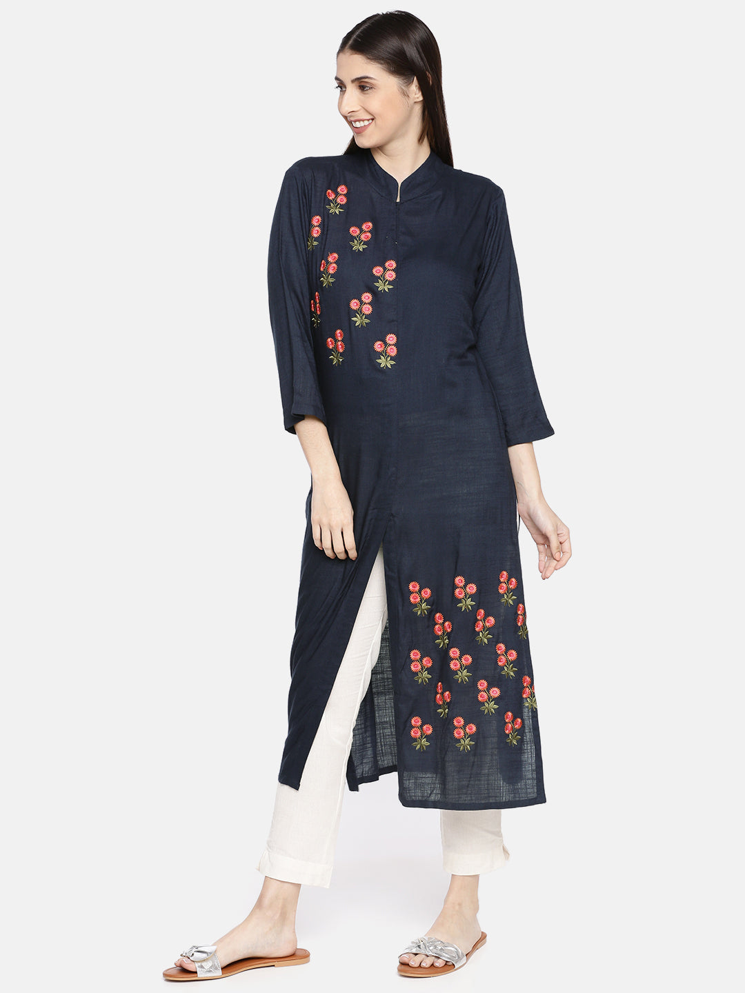 Neerus Blue Rayon Embroidered A-Line Kurti - side view