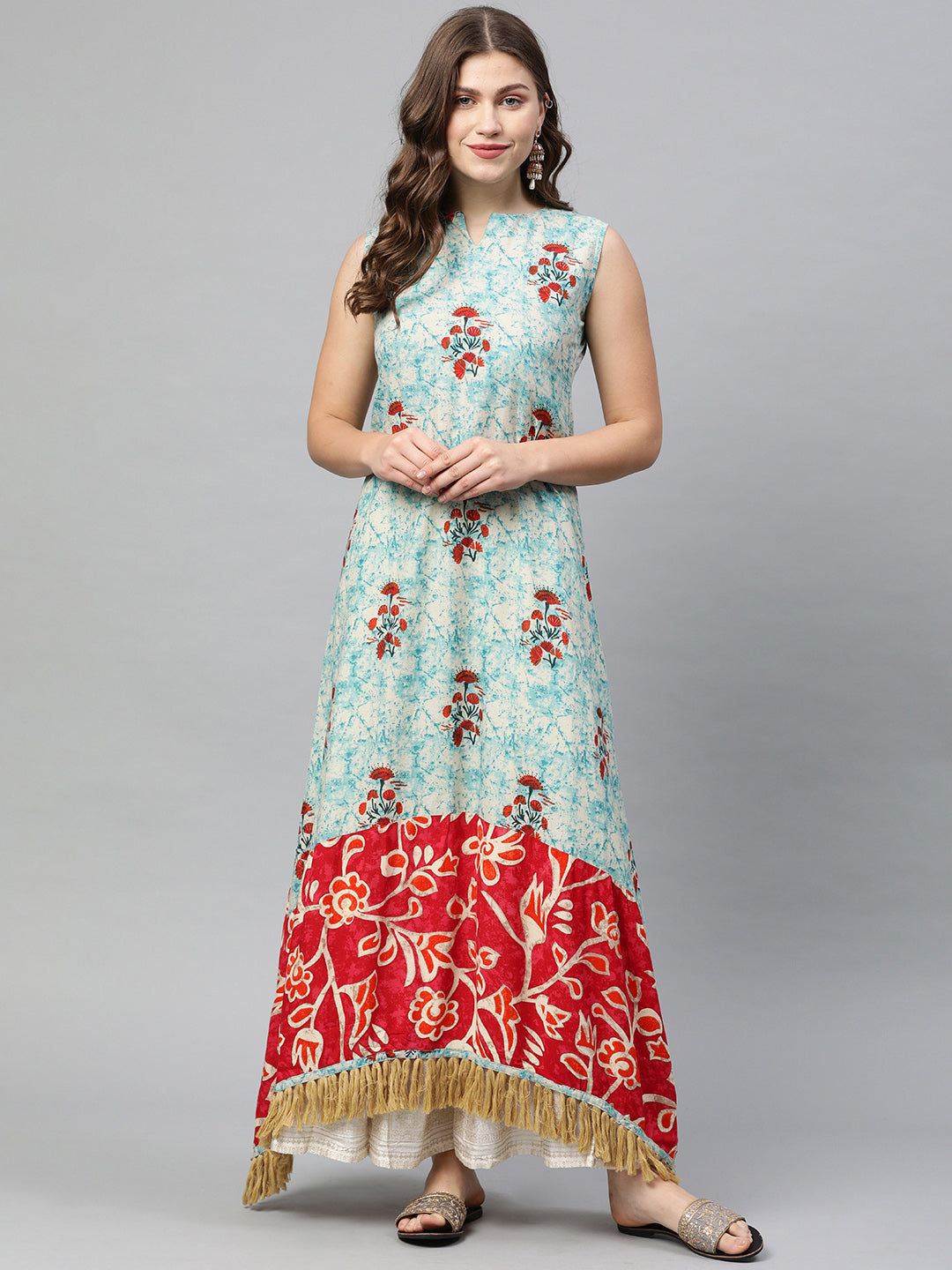 Neerus Blue cotton printed anarkali kurta - front view