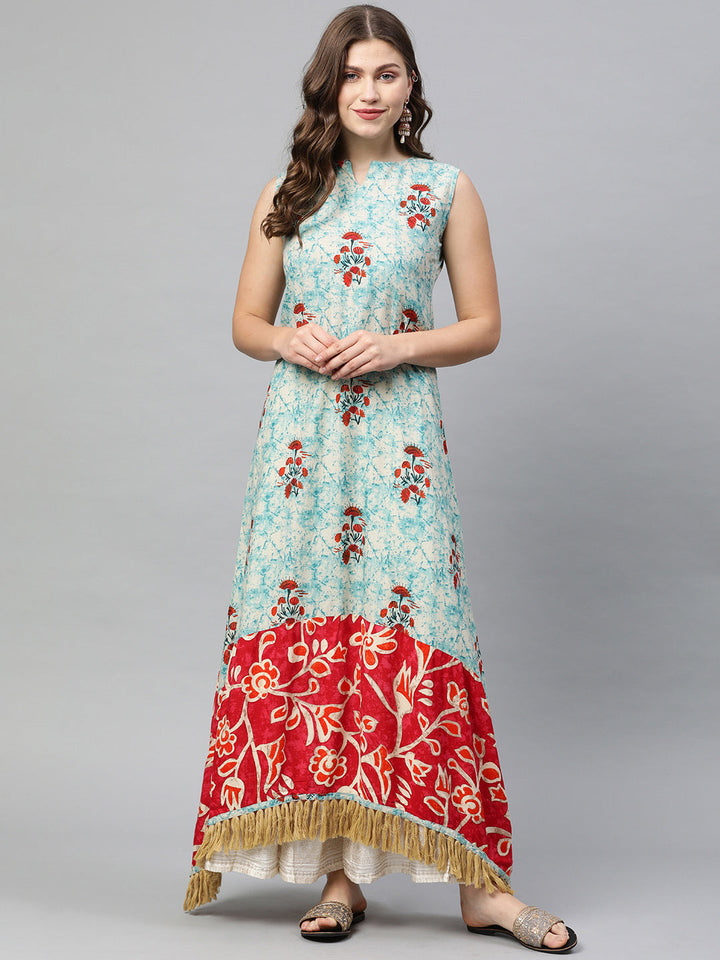Neerus Blue cotton printed anarkali kurta - front view