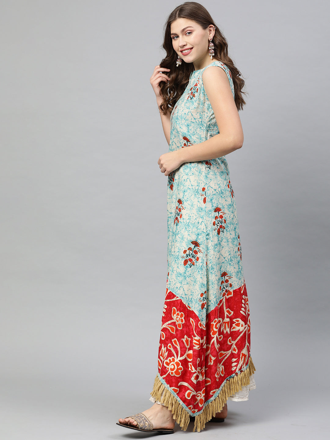 Neerus Blue cotton printed anarkali kurta - side view