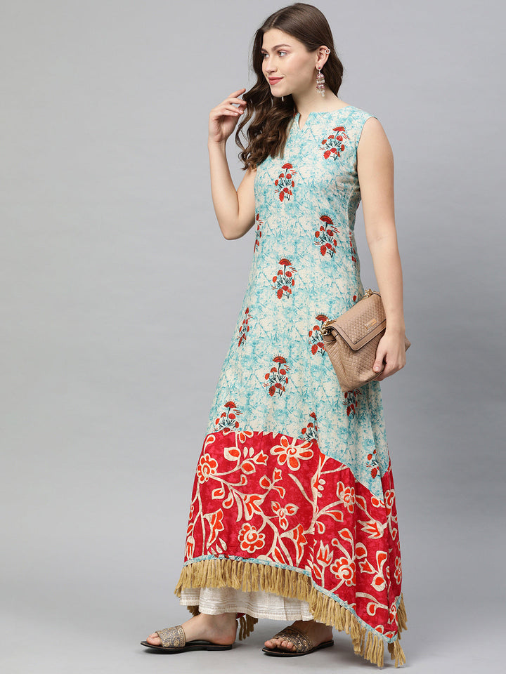 Neerus Blue cotton printed anarkali kurta - detail view 2