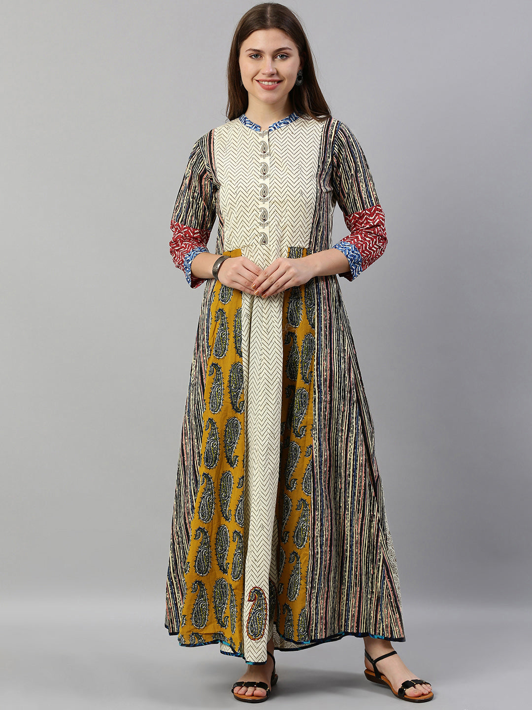Neerus Beige cotton printed A-line kurta - front view