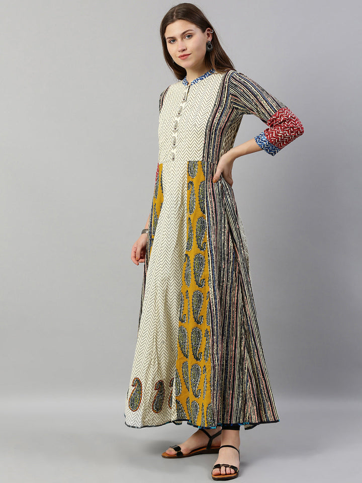 Neerus Beige cotton printed A-line kurta - side view