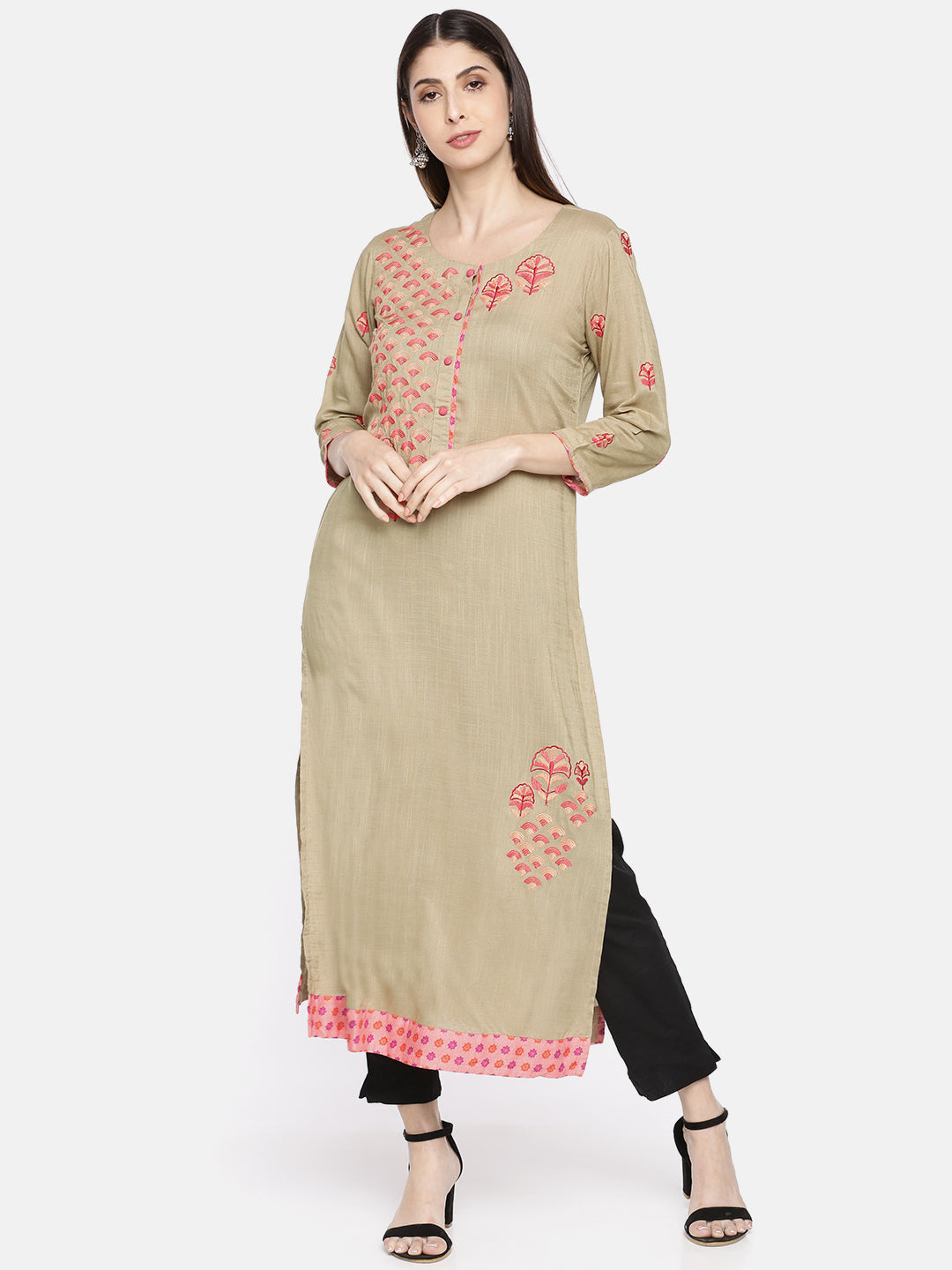 Neerus Beige rayon embroidered straight kurta - front view