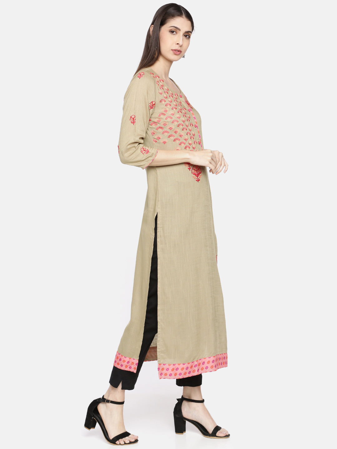 Neerus Beige rayon embroidered straight kurta - side view