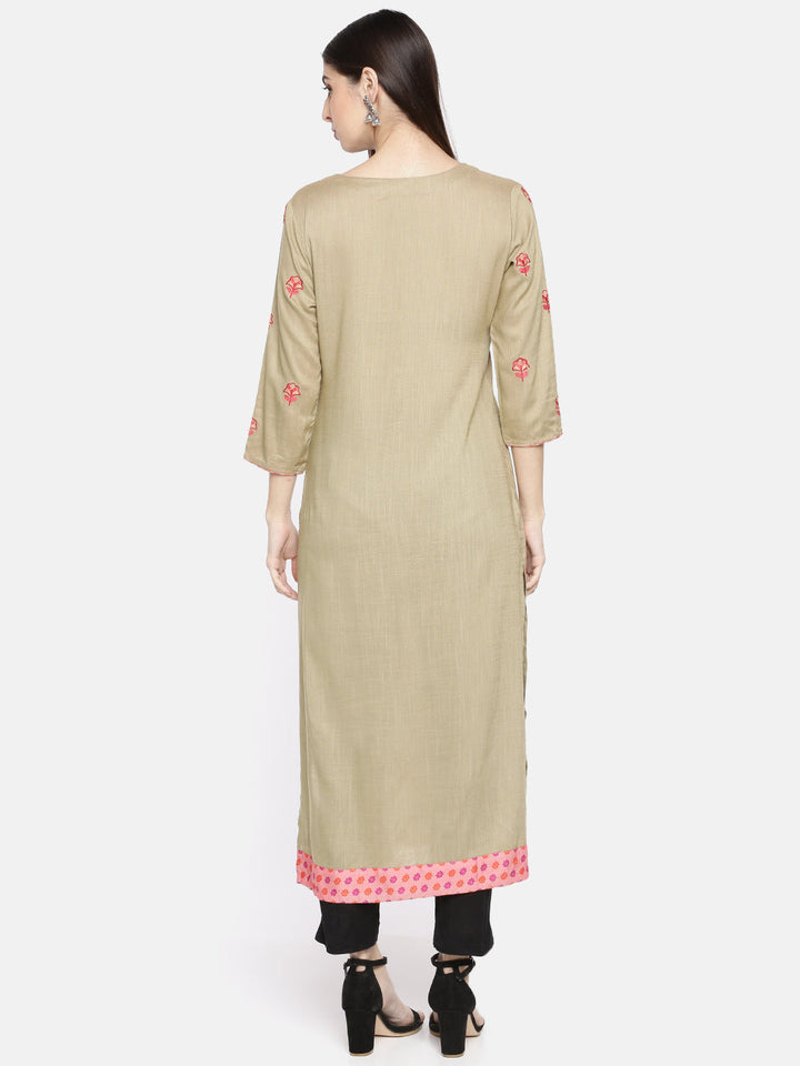 Neerus Beige rayon embroidered straight kurta - detail view 1