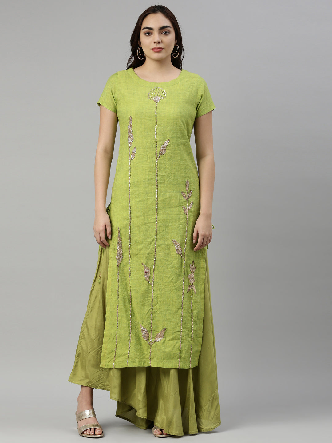 Neerus Green thread embroidered anarkali kurta - front view