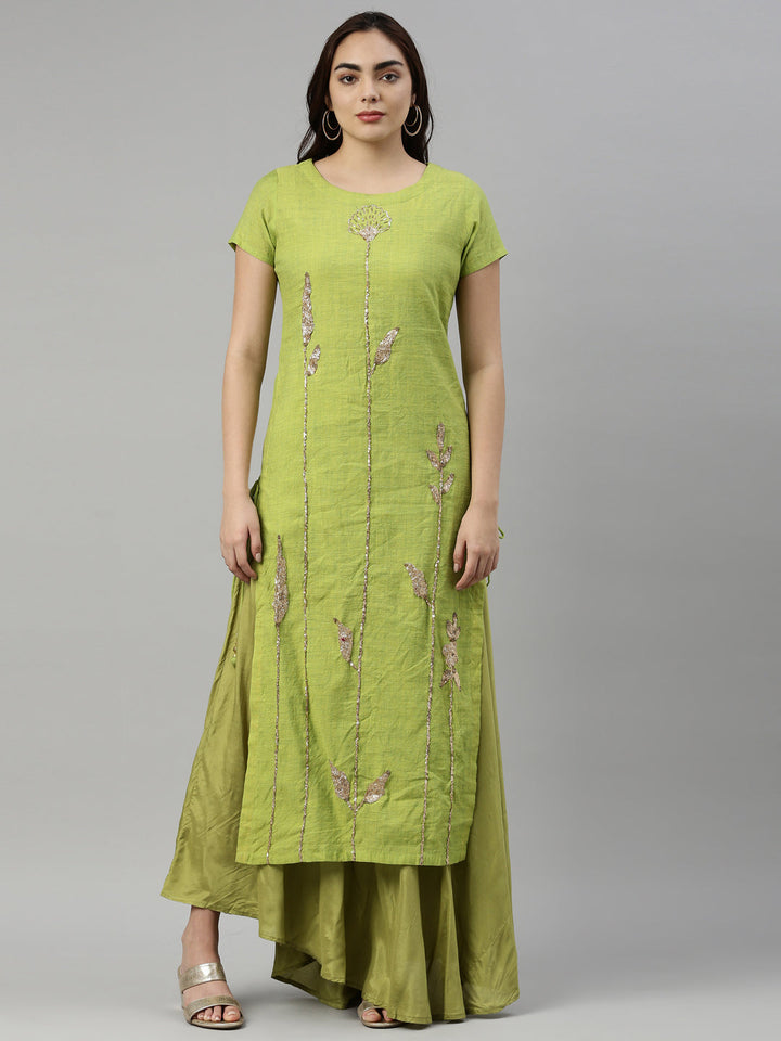 Neerus Green thread embroidered anarkali kurta - front view