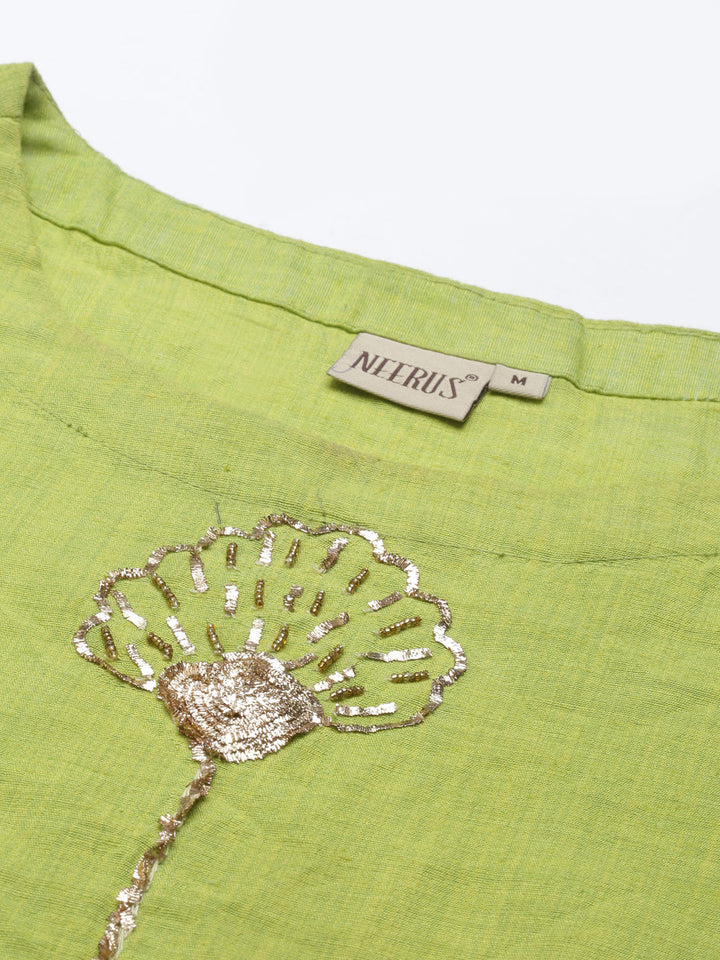 Neerus Green thread embroidered anarkali kurta - detail view 2