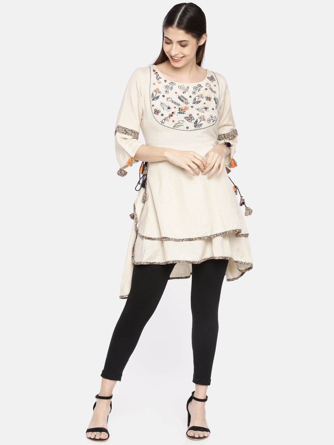 Neerus White cotton embroidered kurti - front view