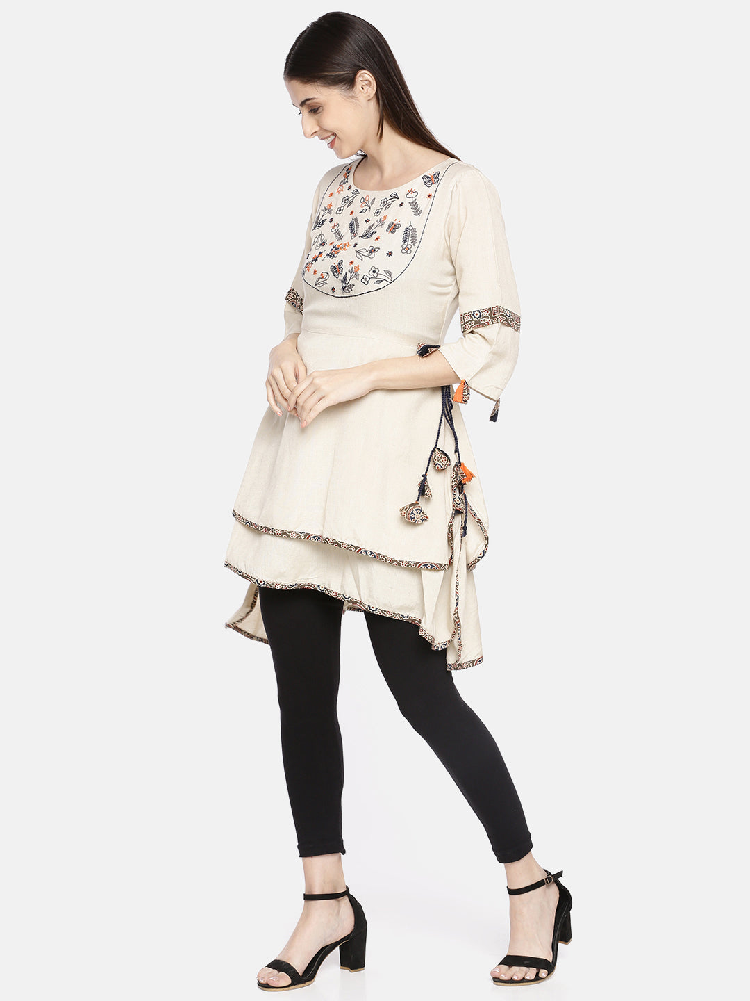 Neerus White cotton embroidered kurti - side view