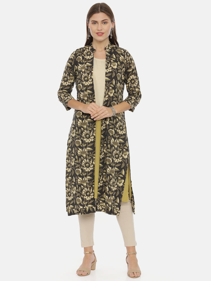 Neerus Multi rayon printed straight kurti with jacket - front view
