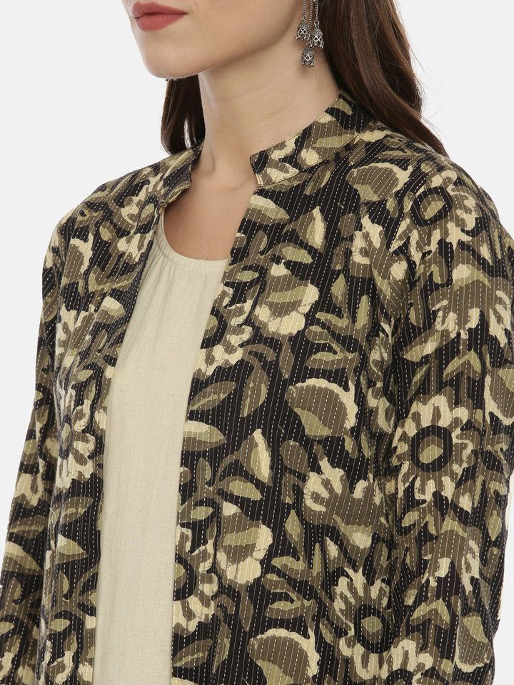 Neerus Multi rayon printed straight kurti with jacket - back view
