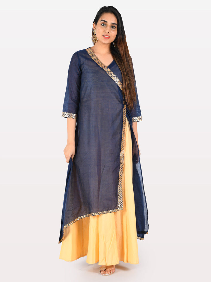 Neerus Blue Chanderi Cotton Printed Angrakha Kurta - detail view 2