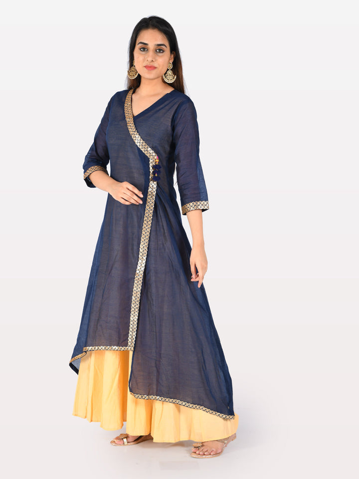 Neerus Blue Chanderi Cotton Printed Angrakha Kurta - front view