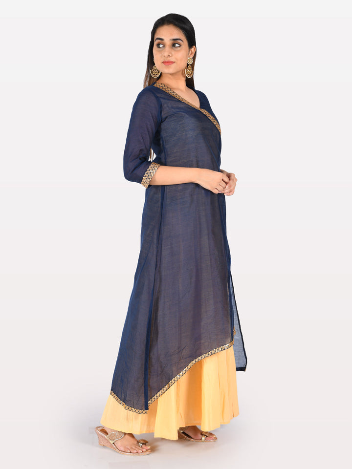 Neerus Blue Chanderi Cotton Printed Angrakha Kurta - back view