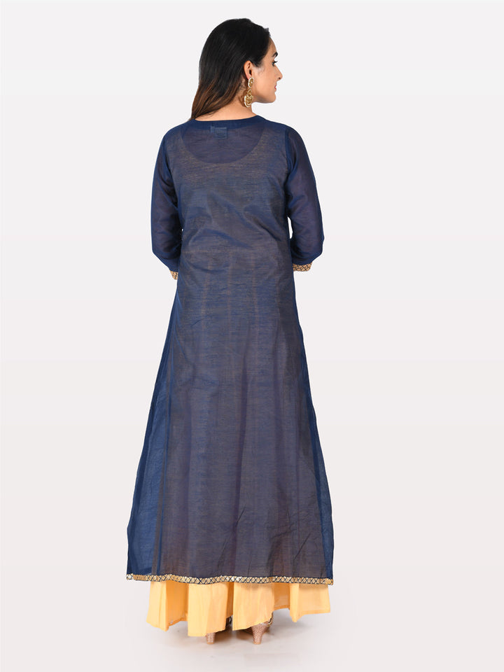 Neerus Blue Chanderi Cotton Printed Angrakha Kurta - side view