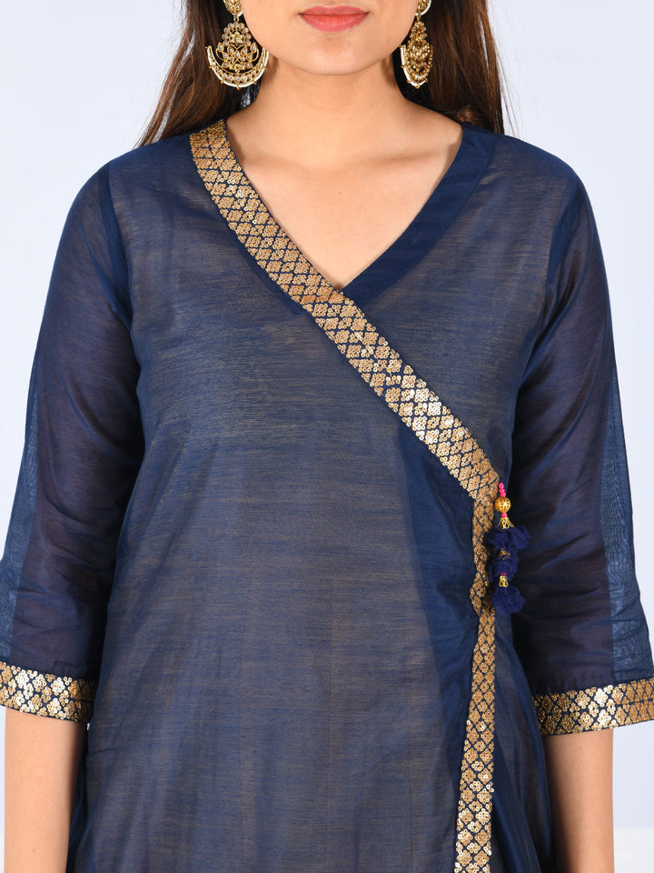 Neerus Blue Chanderi Cotton Printed Angrakha Kurta - detail view 1