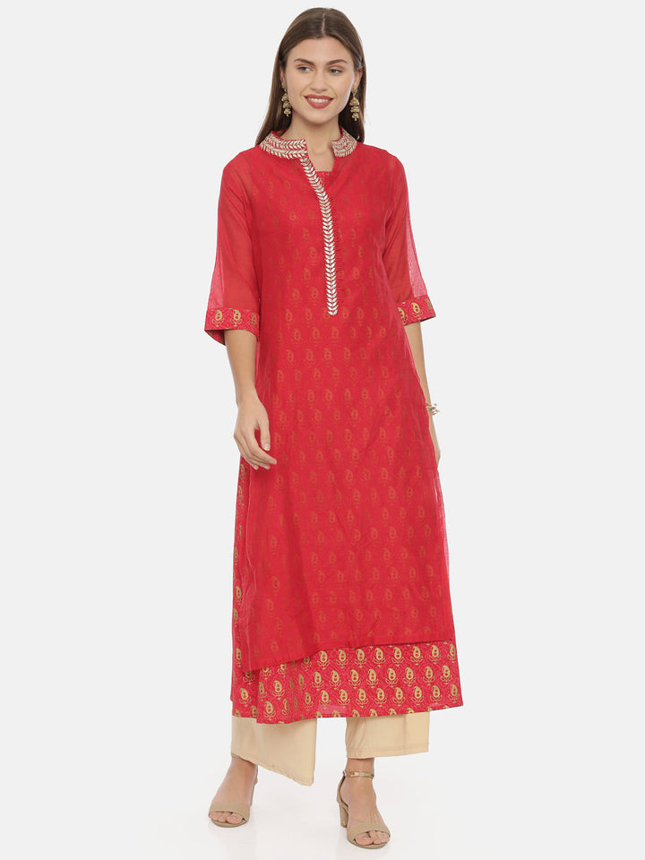 Neerus Red Chanderi Printed Straight Kurta - front view