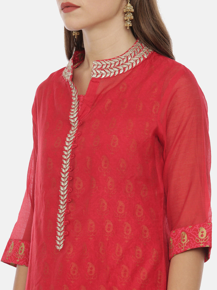 Neerus Red Chanderi Printed Straight Kurta - back view