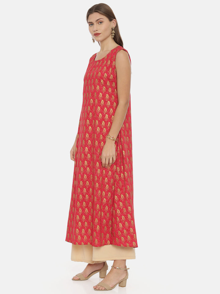 Neerus Red Chanderi Printed Straight Kurta - side view