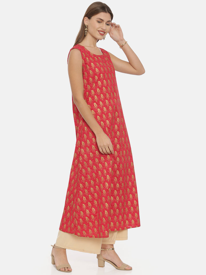 Neerus Red Chanderi Printed Straight Kurta - detail view 1