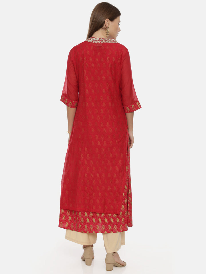 Neerus Red Chanderi Printed Straight Kurta - detail view 2